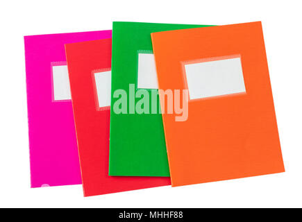 School notebooks stack, old fashioned, isolated on white background, blank label, space for text, top view Stock Photo