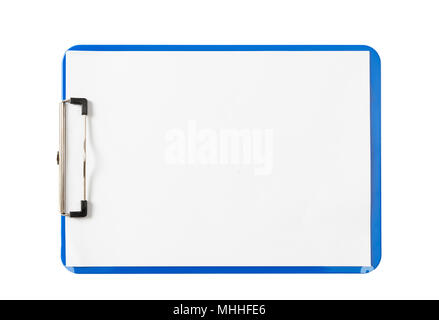 Blue clipboard with blank paper sheets isolated on white background, space for text, top view Stock Photo