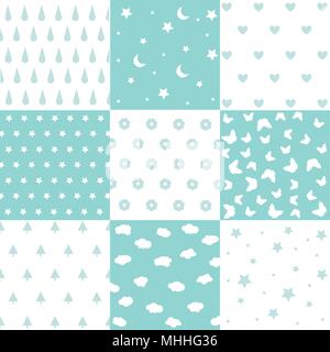 Cute set of kids seamless patterns with fabric textures Stock Vector