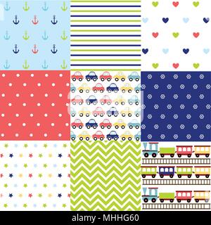 Cute set of Baby Boy seamless patterns with fabric textures Stock Vector