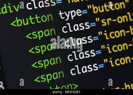 Real Html code developing screen. Programing workflow abstract algorithm concept. Lines of Html code visible. Stock Photo