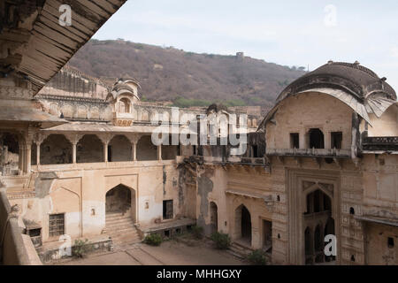 Bundi Palace. Rajasthan, India. The Bundi Palace is situated on the hillside adjacent to the Taragarh Fort and is notable for its lavish traditional murals and frescoes. Stock Photo