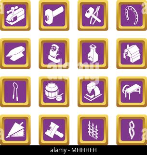 Blacksmith tools icons set purple square vector Stock Vector