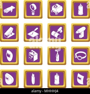 Welding tools icons set purple square vector Stock Vector