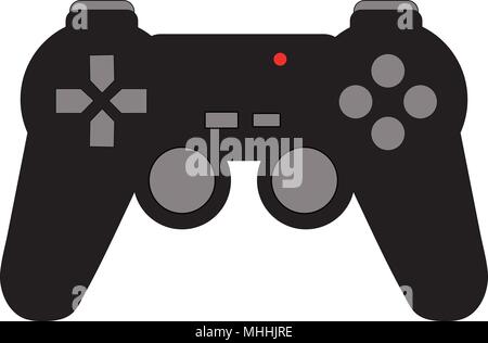 Black and grey video game controller isolated. Gamepad with red light and buttons and joysticks. Icon or logo with gaming concept. Stock Vector