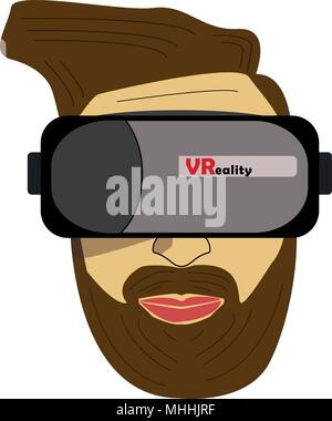 Bearded man with brown hair using a virtual reality or VR glasses. Handsome hipster guy. Vector or illustration isolated with concept of technology. Stock Vector