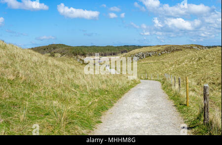 A view from the coastal path through the centre of Llanddwyn Island, Anglesey. The trees of Newborough forest in the distance. Stock Photo