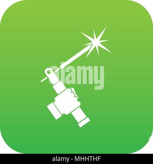 Mig welding torch in hand icon digital green Stock Vector