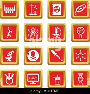 Chemistry laboratory icons set red square vector Stock Vector