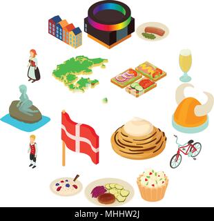 Denmark travel icons set, isometric style Stock Vector