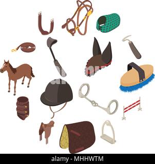 Horse sport equipment icons set, isometric style Stock Vector