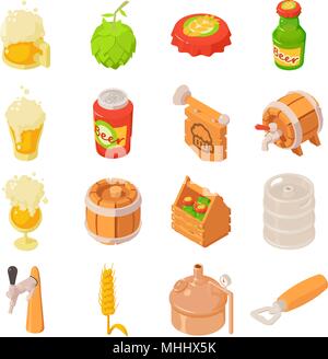 Beer bottle glass drink icons set, isometric style Stock Vector