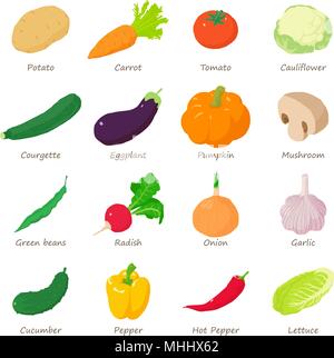 Vegetables signed names icons set, isometric style Stock Vector