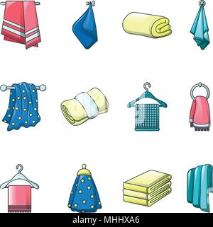Towel hanging spa bath icons set, cartoon style Stock Vector