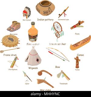 Indians ethnic american icons set, isometric style Stock Vector
