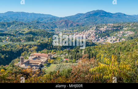 Panoramic view of Santa Scolastica Monastery and Subiaco, from the Sacro Speco Monastery, Lazio, central Italy. Stock Photo