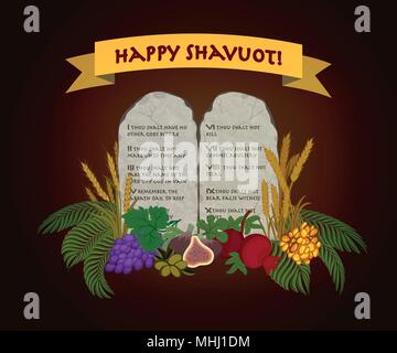 Jewish holiday of Shavuot, tablets of stone and Seven species of the Holy Land Stock Vector