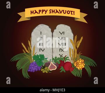 Jewish holiday of Shavuot, tablets of stone and Seven species of the Holy Land Stock Vector