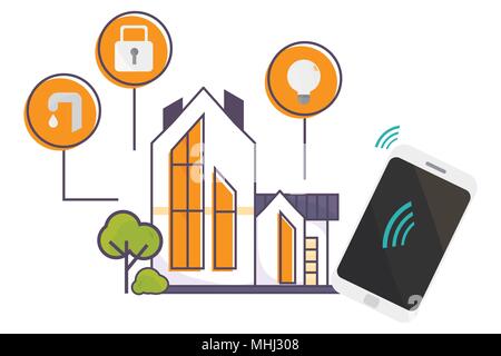 Vector illustration for Smart Home technology promo. House with a wireless smart technology icons and a smartphone. Innovation concept for Internet of Things and Domotics or Home Automation materials Stock Vector