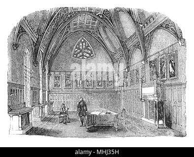 Interior view of the Guard Room at Lambeth Palace on the south bank of the River Thames, London, England. It formerly contained armour and arms for the defence of the Palace, but is now used as a state dining-room. The building, originally called the Manor of Lambeth or Lambeth House, has been – for nearly 800 years – the London residence of the Archbishop of Canterbury, whose original residence was in Canterbury, Kent. Stock Photo