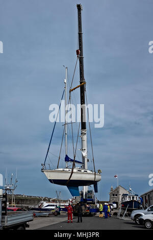 The Trinity single masted sailing boat is lifted into Wick Harbour by a road going heavy lift crane Stock Photo