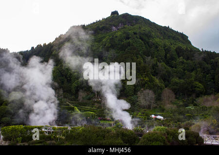 Steam rising from geothermal hot springs in Furnas, Azores Stock Photo