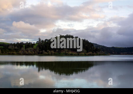 Trees reflected in the lake on a cloudy day Stock Photo