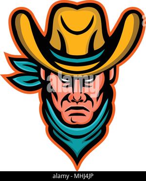 Mascot icon illustration of head of an American cowboy wearing kerchief and hat viewed from front on isolated background in retro style. Stock Vector