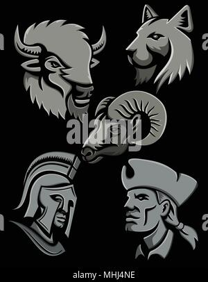 Metallic style flat icon or mascot illustration of a bison or buffalo, bobcat or lynx cat, bighorn sheep, Spartan warrior and an American patriot head Stock Vector