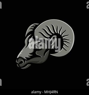 Metallic style flat icon or mascot illustration of a male bighorn or long-horned sheep ram viewed from side on isolated black background. Stock Vector