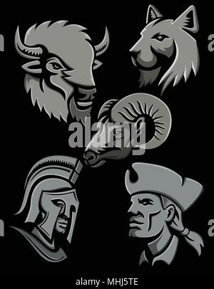 Metallic style flat icon or mascot illustration of a bison or buffalo, bobcat or lynx cat, bighorn sheep, Spartan warrior and an American patriot head Stock Vector