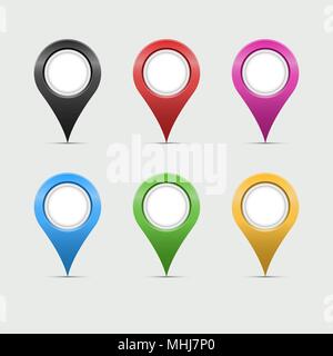 Multicolored Map Markers or Teardrop Pointers. Quality Map Markers Isolated on Grey Background. Realistic 3D Vector Art Stock Vector
