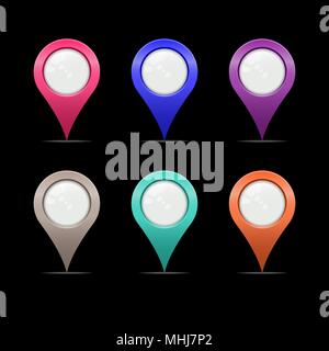 Multicolored Map Markers or Teardrop Pointers. Quality Map Markers Isolated on Black Background. Realistic 3D Vector Art Stock Vector