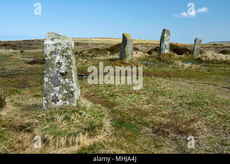 Boskednan Stone Circle, also known as Nine Maidens sits in the Ceremonial landscape of West Penwith is close to Men an Tol, and Carn Galva Stock Photo