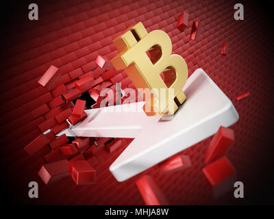 Bitcoin symbol on the arrow destroying the wall. 3D illustration. Stock Photo