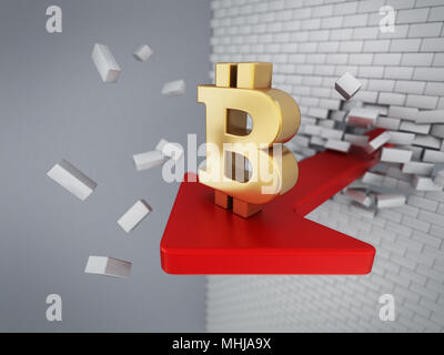 Bitcoin symbol on the arrow destroying the wall. 3D illustration. Stock Photo