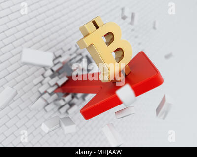 Bitcoin symbol on the arrow destroying the wall. 3D illustration. Stock Photo