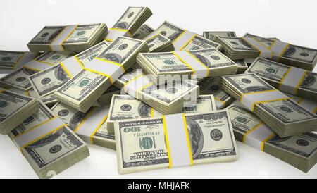 Stack of 100 dollar bills isolated on white background. 3D illustration. Stock Photo