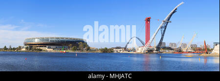 Matagarup Bridge under construction beside Optus Stadium. Stock Photo