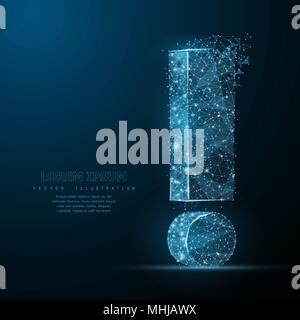 Exclamation mark. Polygonal wireframe mesh. Attention, alert, caution concept illustration or background Stock Vector