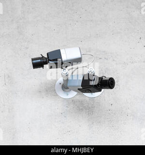 Two modern cctv security cameras on concrete wall Stock Photo