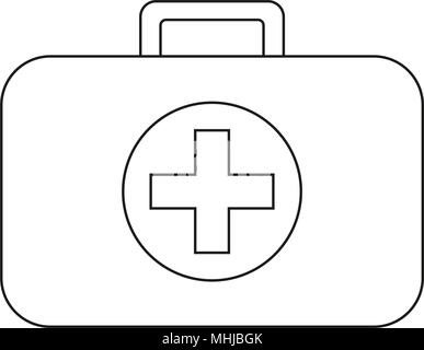 Line art black and white first aid kit. Medical vector illustration for icon, sticker, sign, patch, certificate badge, gift card, stamp logo, label, p Stock Vector
