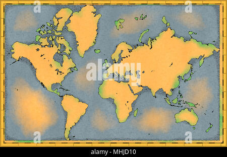 World map, hand drawn, illustrated brushstrokes, geographical map, physical, cartography Stock Photo