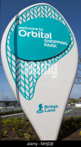 Sign for Orbital Shopping Park developed by British Land, north Swindon, Wiltshire, England, UK Stock Photo