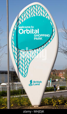 Sign for Orbital Shopping Park developed by British Land, north Swindon, Wiltshire, England, UK Stock Photo