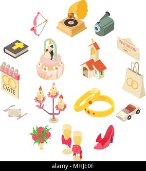 Wedding icons set, isometric style Stock Vector
