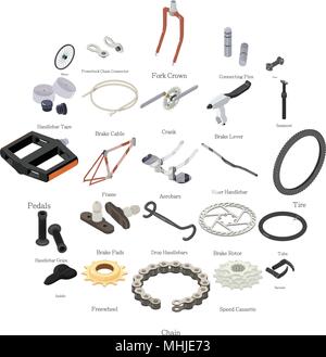 Bike parts icons set, isometric style Stock Vector