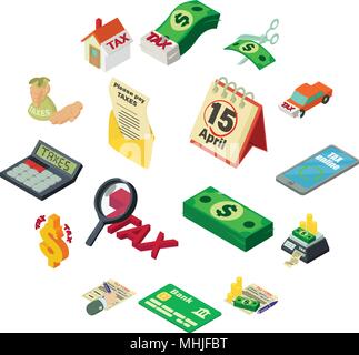 Taxes accounting money icons set, isometric style Stock Vector