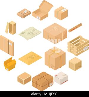 Parcel packaging box icons set, isometric style Stock Vector