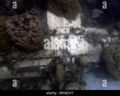 Wreck of a Japanese Mitsubushi Zero that crashed near Eten Island in Truk Lagoon during World War II Stock Photo